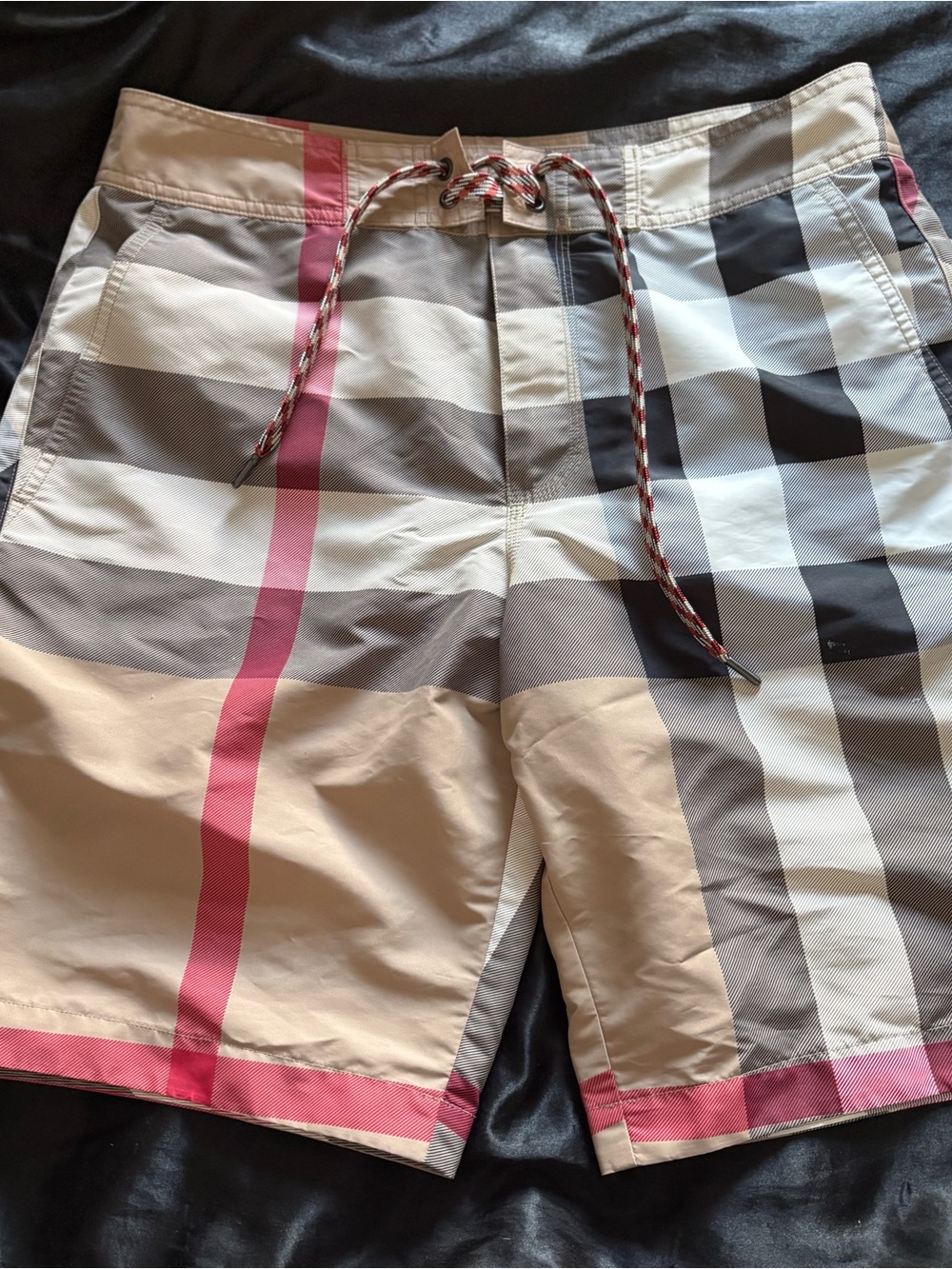 Burberry Beige Plaid Swim Shorts with Pink Stripe